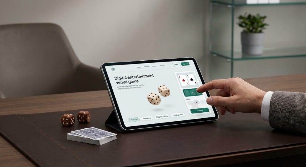 Tablet der viser moderne casino spil interface med terninger og kort