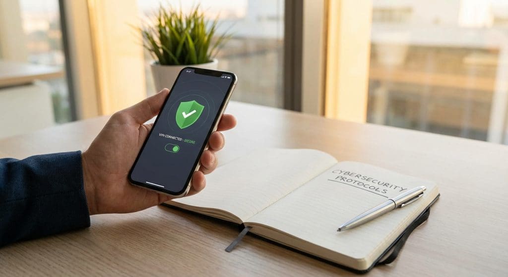 Smartphone der viser VPN sikkerhedsapp interface på moderne skrivebord