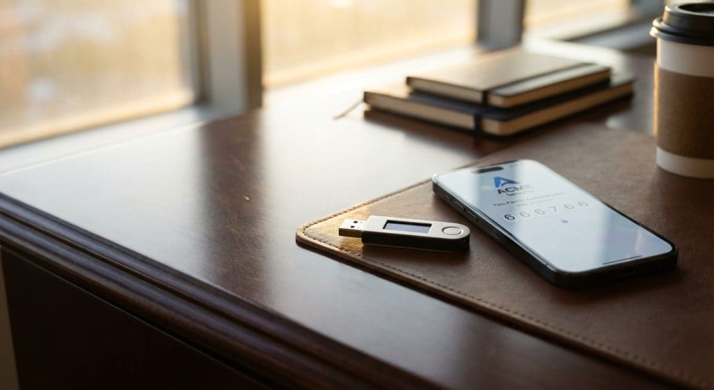 Hardware sikkerhedsnøgle og smartphone med to-faktor godkendelse app