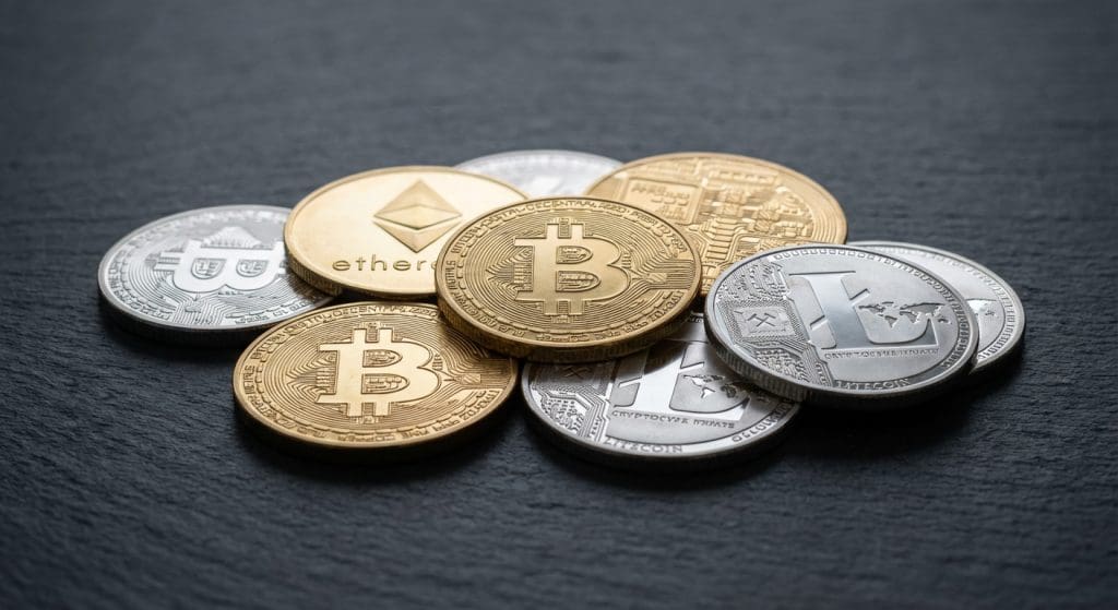 Samling af forskellige kryptovaluta mønter inklusiv Bitcoin Ethereum og Litecoin