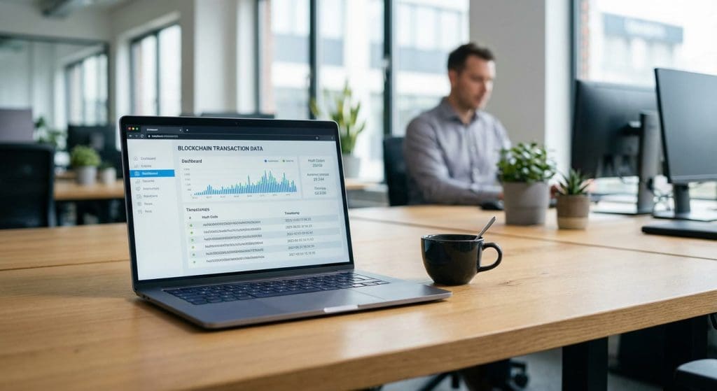 Laptop computer der viser blockchain transaktioner på professionelt skrivebord