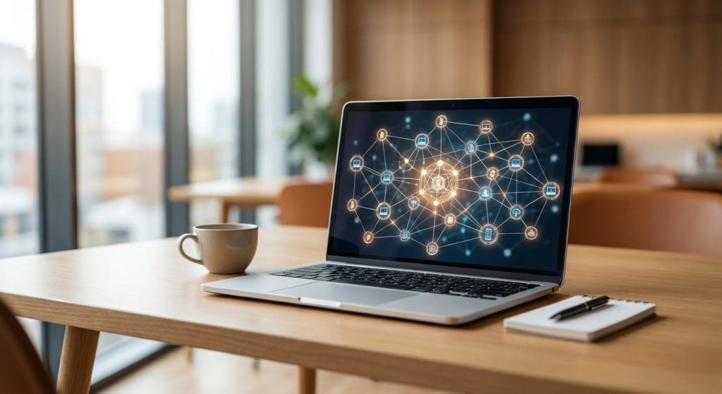 Laptop computer der viser blockchain netværk på professionelt skrivebord